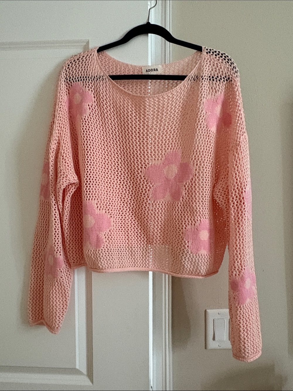 ADORA Pink Floral Open-Weave Crewneck Sweater